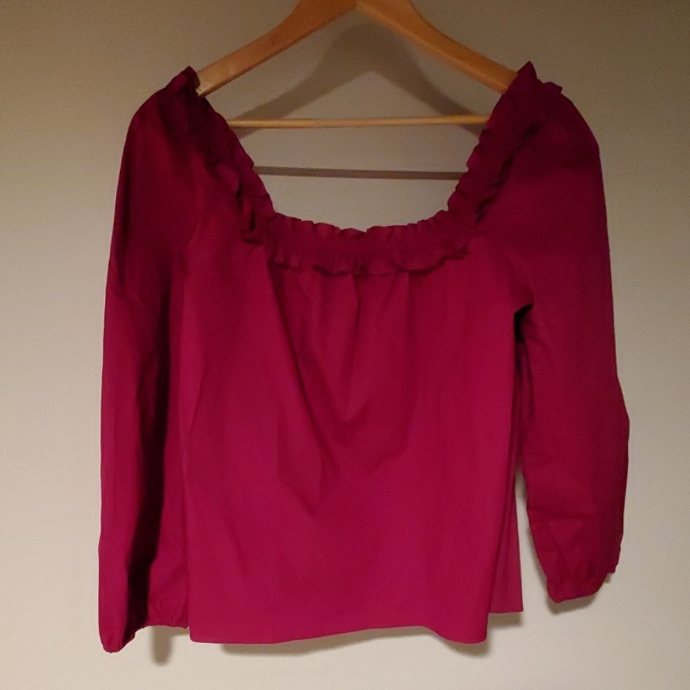 J Crew L magenta box ruffle neck 3/4 sleeve